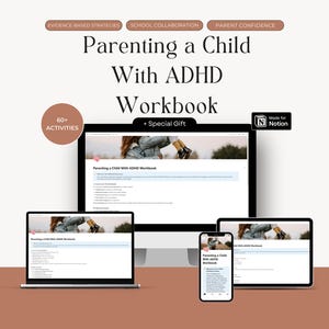 以下が含まれることがあります： 「Parenting a Child With ADHD Workbook」というタイトルのデジタルワークブックが、コンピューターモニター、ラップトップ、タブレット、スマートフォンに表示されています。画像には、「Evidence-Based Strategies」、「School Collaboration」、「Parent Confidence」というテキストが含まれています。