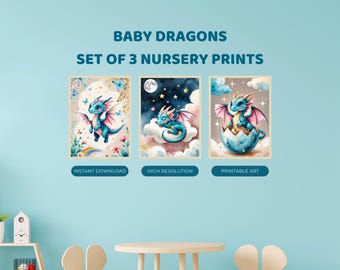 Baby Dragons Nursery Prints Set of 3 | Magical Fantasy Art | Digital Download