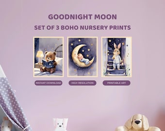Goodnight Moon Nursery Prints Set of 3 | Bedtime Story Book Stars Lamp | Digital Download