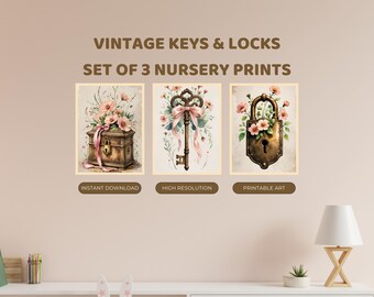 Vintage Keys Locks Nursery Prints Set of 3 | Symbolic Unlock Art | Digital Download