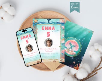 Mermaid Birthday Invitation Template, Editable Canva Invite, Ocean Party Card with Back Design & Story, Printable Digital Download