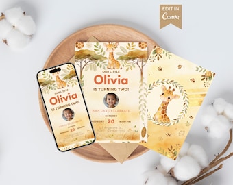 Boho Giraffe Birthday Invitation Template, Editable Canva Invite, Safari Party Card with Back Design & Story, Printable Digital Download