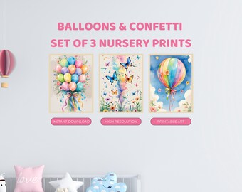 Balloons Confetti Nursery Prints Set of 3 | Celebration Party Art | Digital Download