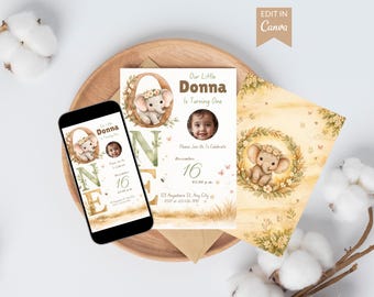 Boho Elephant First Birthday Invitation, ONEderful Editable Canva Invite, Safari 1st Birthday Card with Back Design & Digital Download