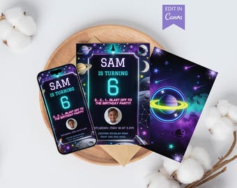 Space Birthday Invitation Template, Editable Canva Invite, Galaxy Party Card with Back Design & Story, Printable Digital Download