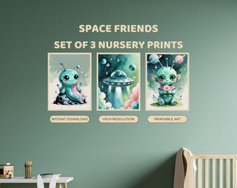Space Aliens Nursery Prints Set of 3 | UFO Planet Art | Digital Download