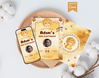 Boho Lion Birthday Invitation Template, Editable Canva Invite, Safari Party Card with Back Design & Story, Printable Digital Download