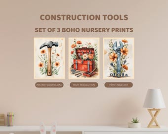 Construction Tools Nursery Prints Set of 3 | Builder Workshop Art | Digital Download