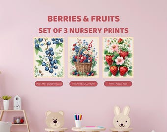 Berries Fruits Nursery Prints Set of 3 | Sweet Harvest Garden Art | Digital Download
