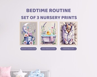 Bedtime Routine Nursery Prints Set of 3 | Bath Pajamas Sleep Art | Digital Download
