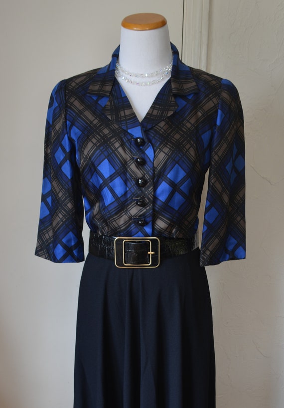 vintage 1940's 50's blue silk tartan plaid cropped