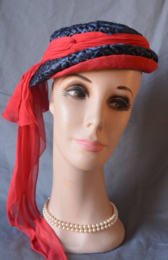 vintage 40's 50's blue raffia straw hat with red … - image 4