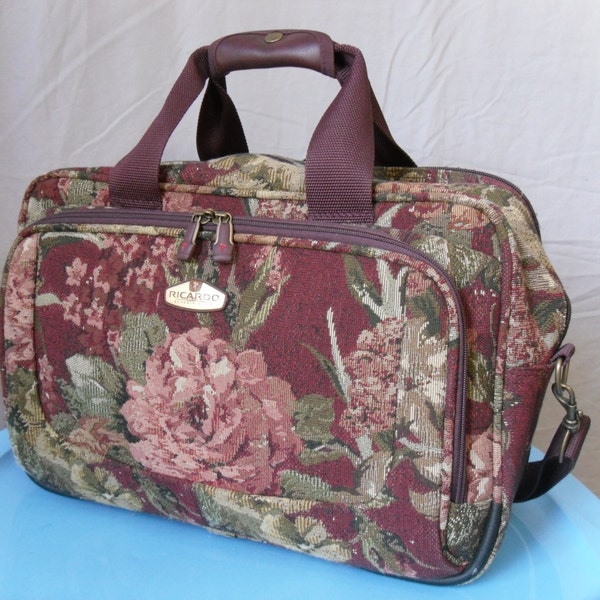 ON HOLD vintage burgundy floral tapestry bag carry on luggage weekender