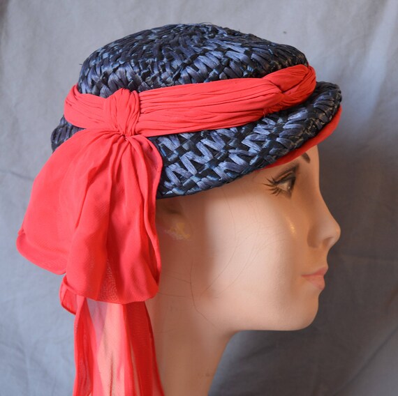 vintage 40's 50's blue raffia straw hat with red … - image 3