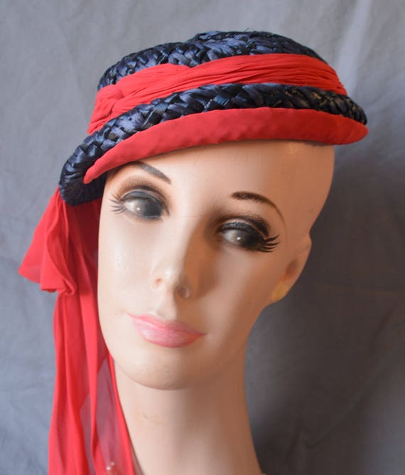 vintage 40's 50's blue raffia straw hat with red … - image 2