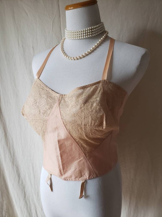 rare NWOT vintage 1930s lace peach longline bra 4… - image 4