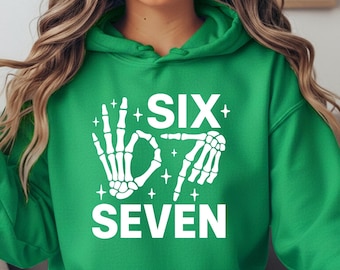 Six Seven Skeleton Hoodie, 6-7 Meme Hoodie, Funny Skeleton Hand Gesture Pullover, Viral TikTok Trend Hooded Sweatshirt