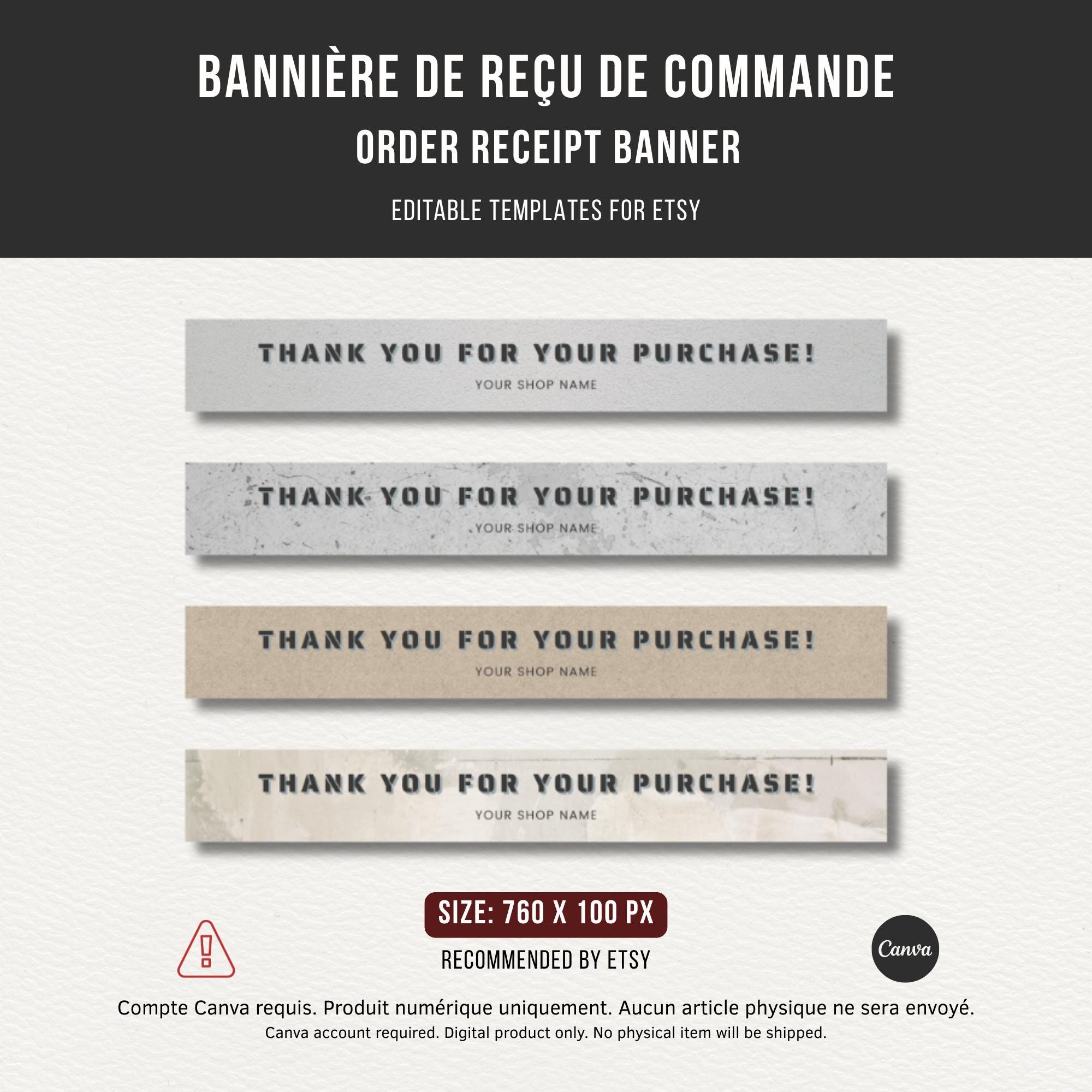 Etsy shop order receipt banner template - set of 4 banners, customizable Canva design, digital download.