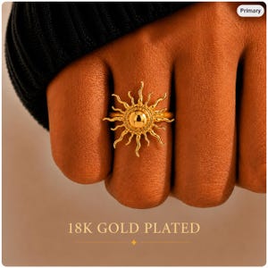 18K Gold Plated Sun Statement Ring, Adjustable Open Wrap, Minimalist Boho Jewelry, Gift for Her