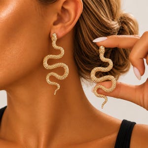 18K Gold Plated Snake Statement Earrings, Gothic Boho Dangle Jewelry, Gift For Her
