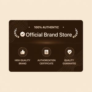 May include: A rectangular brown graphic with the text "100% AUTHENTIC" and "Official Brand Store." Below are icons and text: "HIGH QUALITY BRAND," "AUTHORIZATION CERTIFICATE," and "QUALITY GUARANTEE."