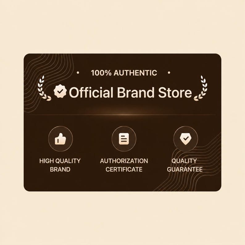 May include: A rectangular brown graphic with the text "100% AUTHENTIC" and "Official Brand Store." Below are icons and text: "HIGH QUALITY BRAND," "AUTHORIZATION CERTIFICATE," and "QUALITY GUARANTEE."