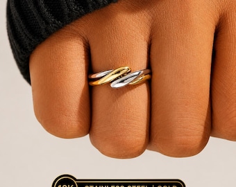 18K Gold Plated Twisted Wave Ring, Two Tone Stainless Steel Statement Jewelry