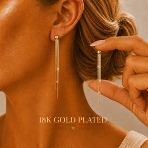 May include: A pair of 18K gold plated earrings featuring a small spherical stud connected to multiple thin, dangling chain strands that hang vertically. The text 18K GOLD PLATED is visible at the bottom of the image in a serif font.