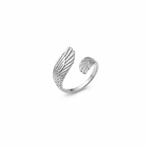 May include: A silver-colored ring with an open design, featuring two stylized wing shapes. The ring is made of a shiny metal and is set against a plain white background. The wing details have textured feather patterns.