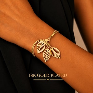 18K guldpläterat armband med löv, lagerkedja, naturinspirerade justerbara smycken