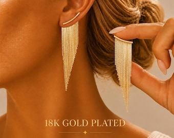 Quastenohrringe aus 18-karätig vergoldetem Material, lange Fransen, eleganter Statement-Schmuck