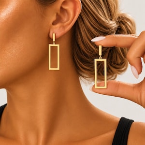 18K guldpläterade rektangulära droppörhängen, minimalistiska geometriska hängande smycken i rostfritt stål, present till henne