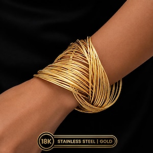 18K Gold Plated Multi-Layer Cuff Bracelet for Women – Stacked Wire Statement Bangle