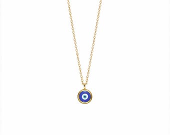 Gold Evil Eye Necklace, Sterling Silver Enamel Pendant, Protection Jewelry, Minimalist Dainty Chain