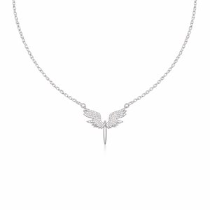 May include: A silver necklace featuring a pendant shaped like angel wings with a sword. The wings and sword are adorned with small, sparkling stones. The necklace chain is delicate and silver.