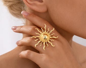 18K Gold Plated Sun Statement Ring, Adjustable Open Wrap, Minimalist Boho Jewelry