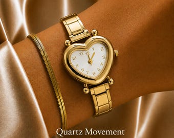 Heart Shaped Watch, Gold Silver Stainless Steel, Minimalist Quartz Wrist Watch, Gift For Her