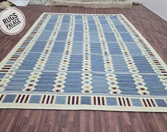 Alfombra Kilim escandinava azul vintage / Tejido plano de lana hecho a mano / Alfombra nórdica minimalista /