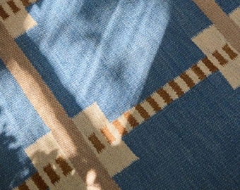 Handwoven Wool Kilim Rug, Blue Beige Geometric Grid, 8x10 ft