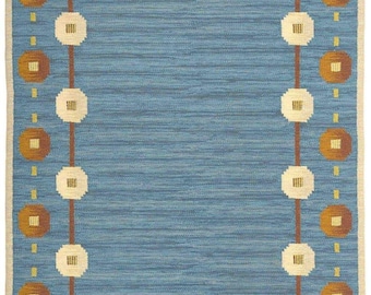 Alfombra de lana azul tejida a mano: tejido plano de inspiración sueca, 6x9
