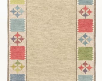Alfombra Kilim de lana tejida a mano, borde geométrico colorido, estilo boho, 2,4 x 3 m