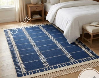 Blue Kilim Rug, Handwoven Wool Rug, Geometric Area Rug, Navy Blue Cream Rug, Boho Scandinavian Rug, Moroccan Style Rug 8x10 ft