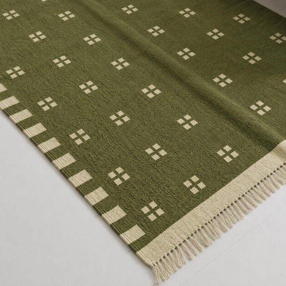 Handmade Olive Green Kilim Rug 5x8 Ft, Wool Geometric Fringed Flatweave Rug, Scandinavian Minimalist Area Rug for Bedroom
