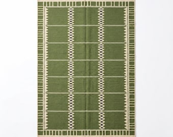 Handgeweven Nieuw-Zeelands wollen Kilim-tapijt, groen Scandinavisch vloerkleed.