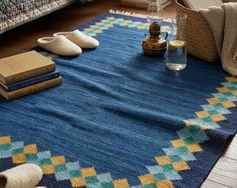 Handwoven Wool Rug Blue Kilim Geometric Area Carpet Nordic Boho Home Decor Modern Flatweave Accent Area Rug for Living Room - RugPalaceIn