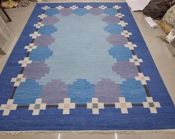 Alfombra Kilim de lana azul tejida a mano: tejido plano geométrico escandinavo