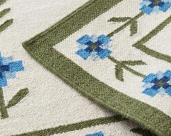 Scandinavian Floral Kilim Rug | Handwoven Flat Weave Wool Rug | Nordic Minimalist Blue Flower Carpet | Green Border Boho Area Rug
