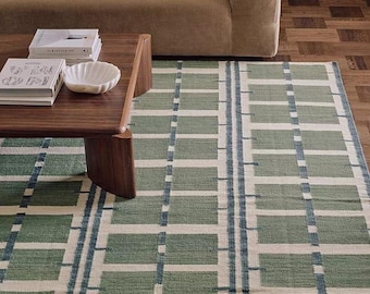 Handwoven Geometric Wool Rug: Scandinavian Flatweave, Green Blue Design
