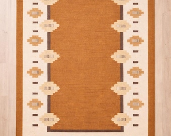 Alfombra Kilim de lana tejida a mano – Alfombra nórdica geométrica de tejido plano color crema óxido