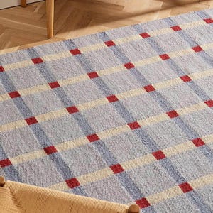 Handwoven Wool Checkered Area Rug | Blue Beige Red Grid Pattern Carpet 8x10 ft